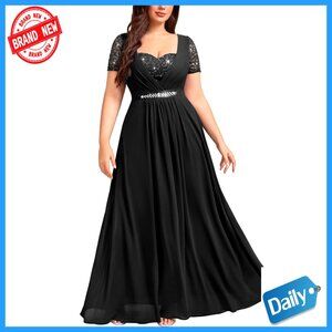 Plus Size Sequin Lace Chiffon Formal Dress with V-Neck Rhinestone Waist